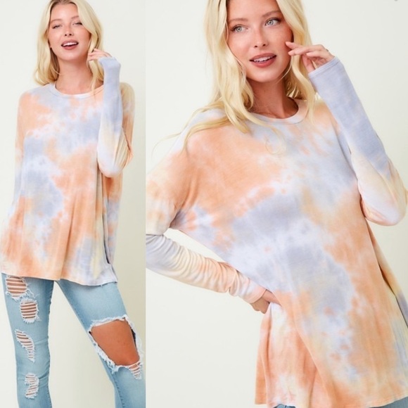 Apricot & Grey Tie Dye Jersey Tunic Top - Picture 4 of 6